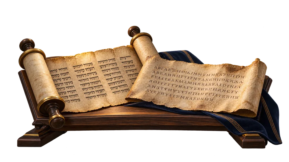 Ancient Hebrew and Greek manuscripts on a reading stand