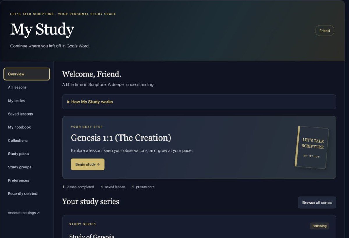 My Study overview showing a next lesson, saved study work, and series progress in a demonstration account